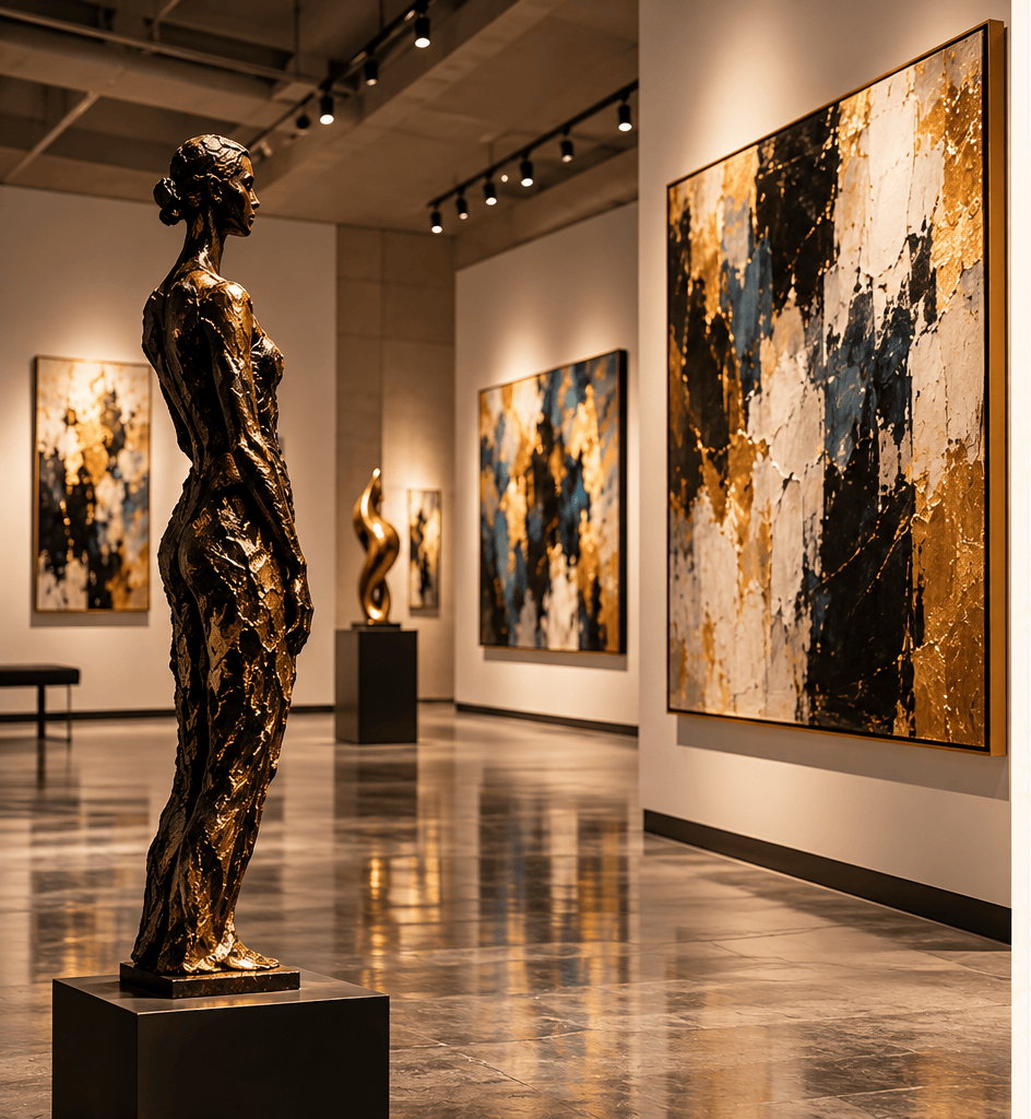 AI-generated contemporary art gallery with sculptures and paintings